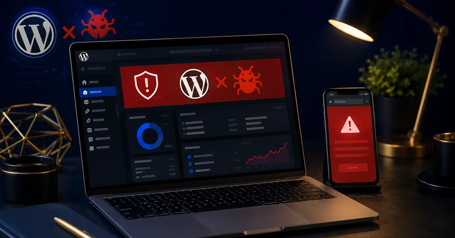 WordPress dashboard showing a malware warning next to a browser tab displaying Google's red Deceptive site ahead interstitial
