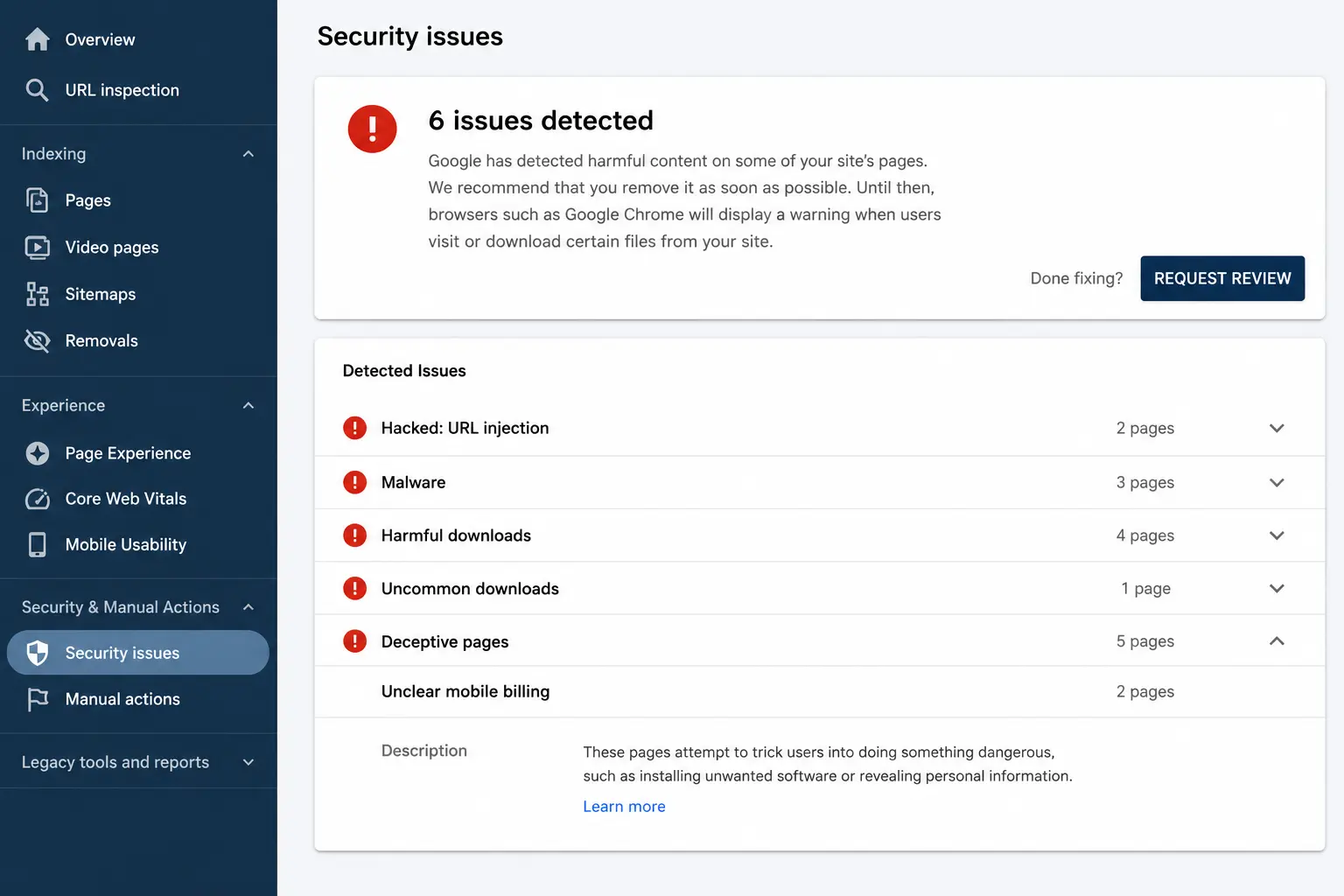 Google Search Console Security Issues report showing detected harmful content with sample affected URLs and the Request Review button