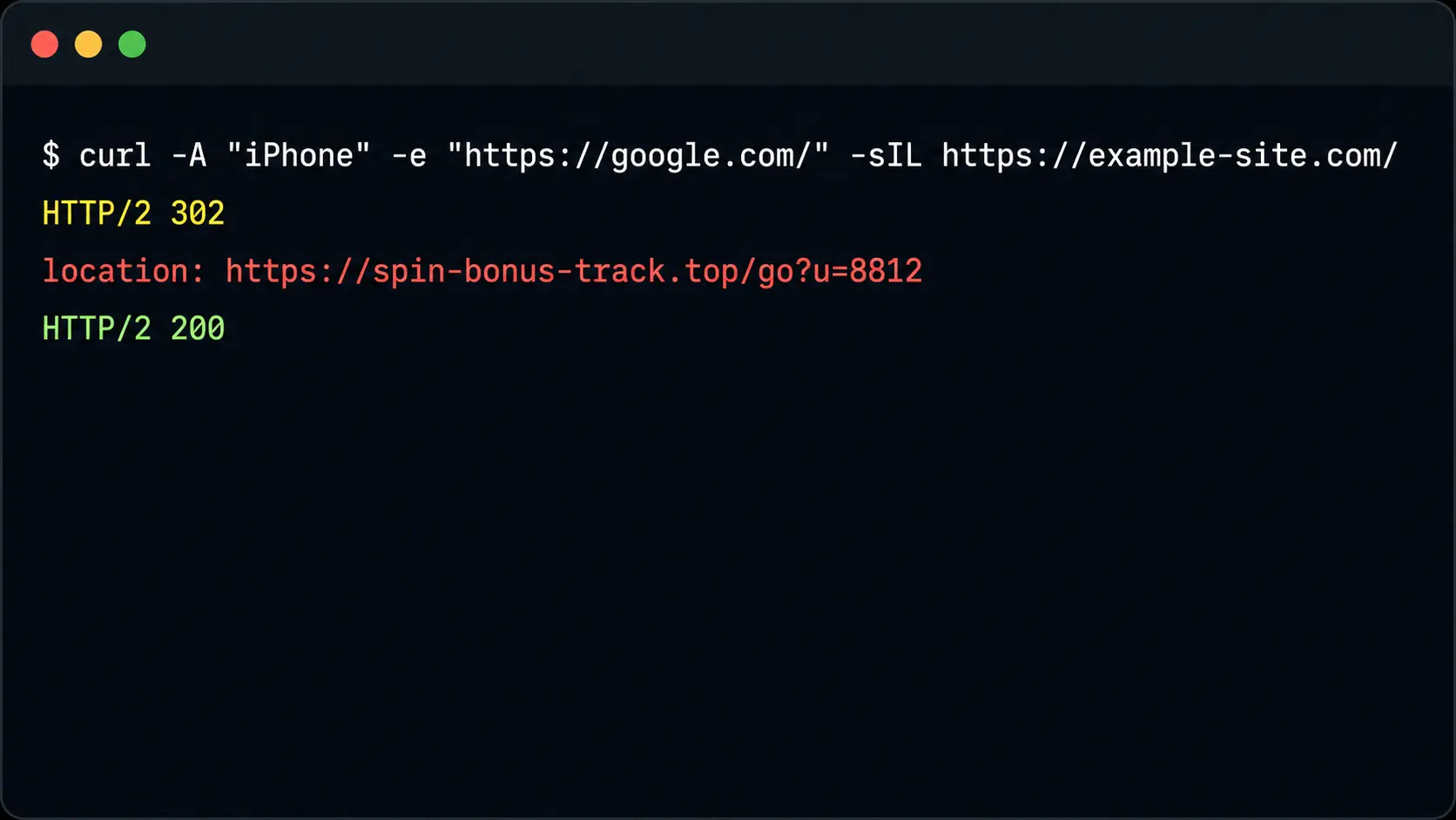Terminal output of a curl request using a mobile user agent and Google referrer, showing a 302 redirect from a WordPress site to an external spam domain