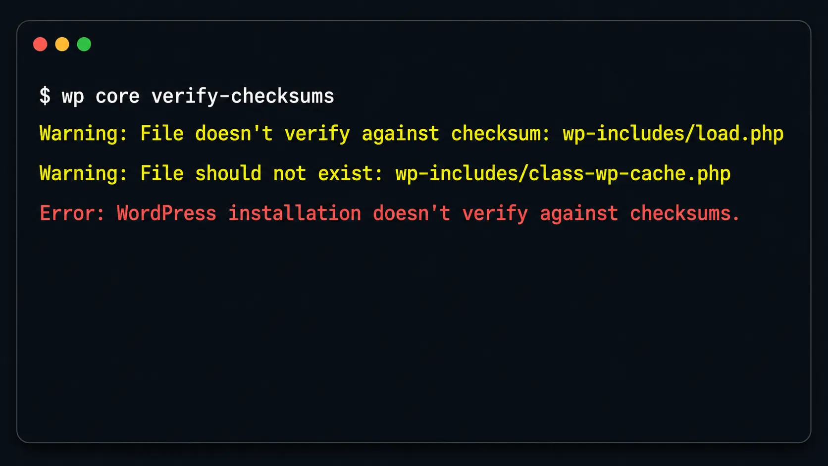 WP-CLI verify-checksums output listing modified WordPress core files and an unexpected PHP file inside the wp-includes directory
